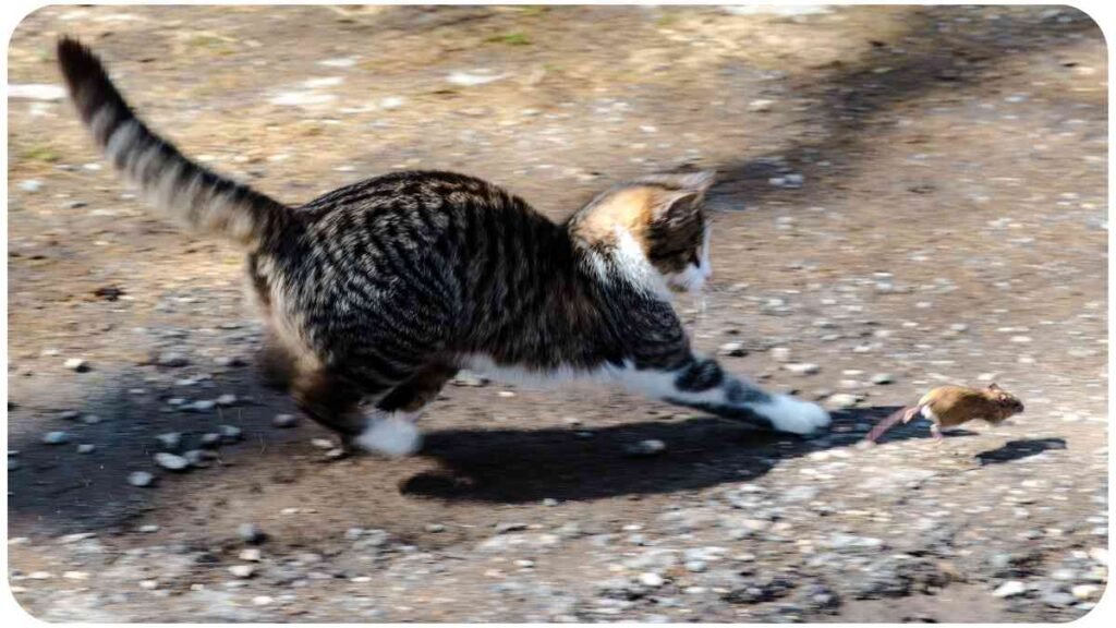 a cat chasing a mouse on a dirt road