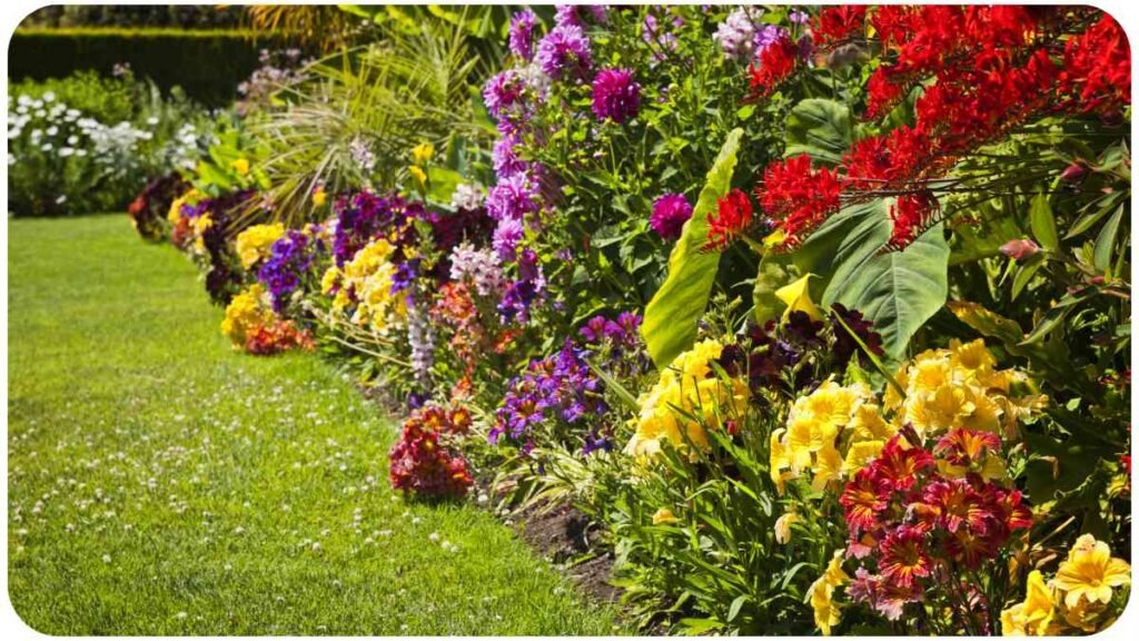 a row of colorful flowers in a garden