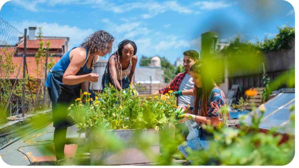 a group of people working on a rooftop garden