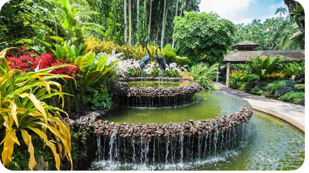 a tropical garden with a waterfall in the middle of it