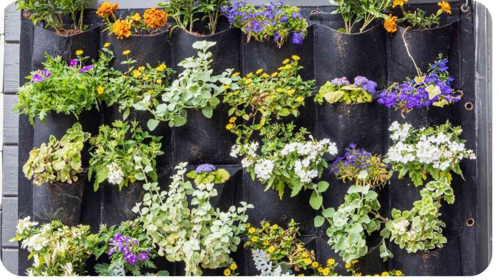 a vertical garden filled with flowers and plants