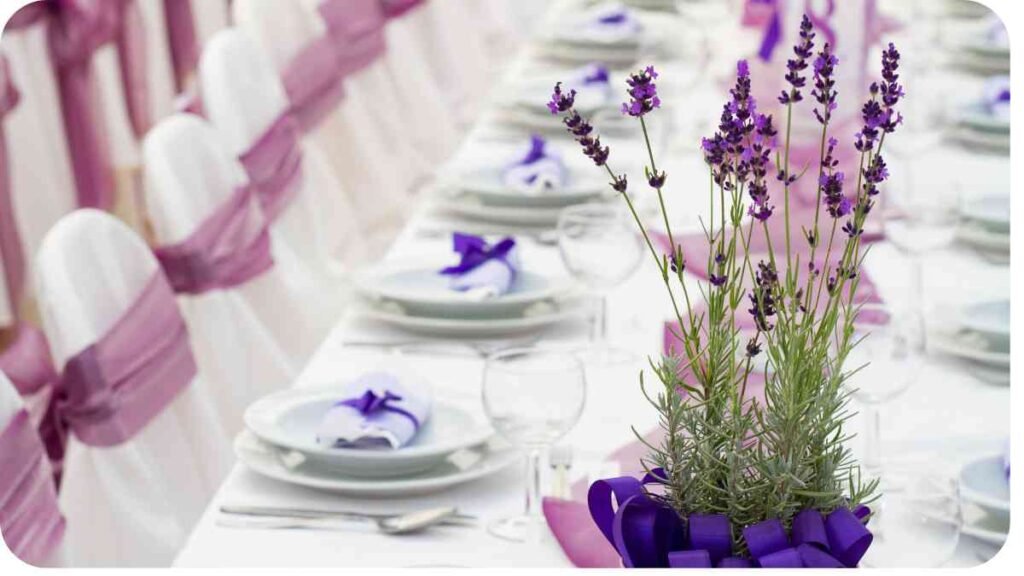 purple and white table setting with lavender flowers