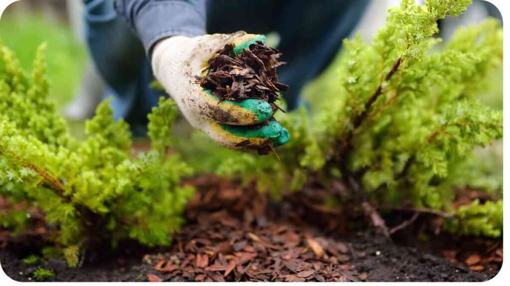 a person is picking up mulch from the ground