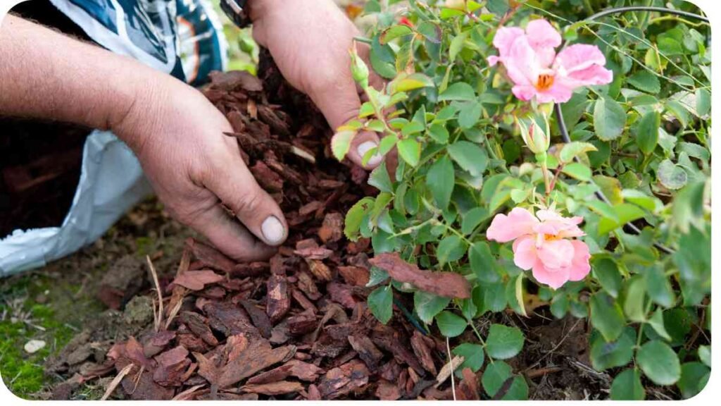 a person picking up mulch from a flower bed