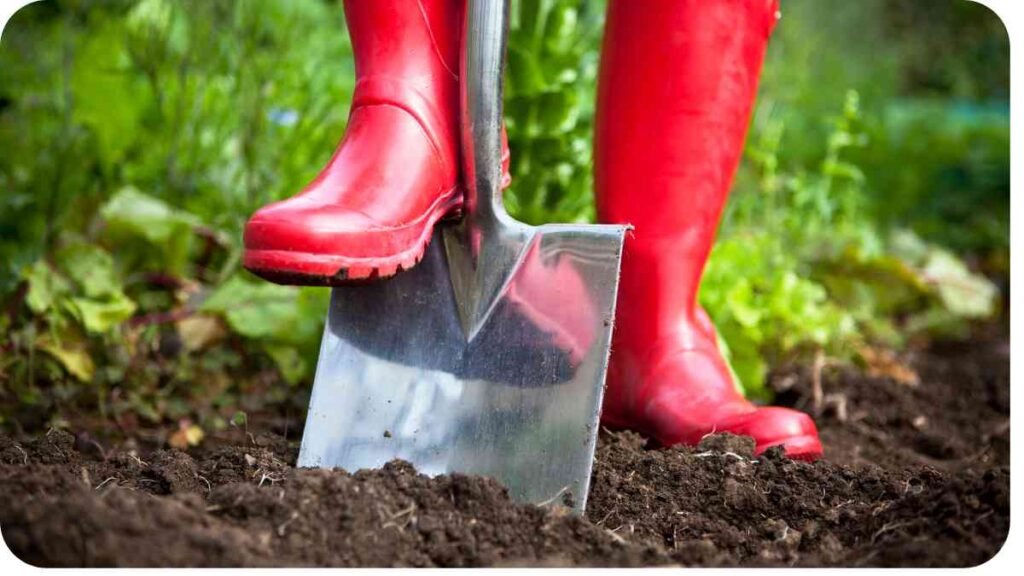 a person wearing red rubber boots and holding a shovel