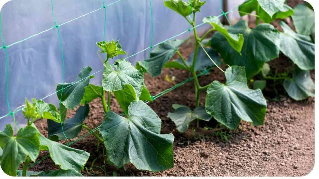 a row of cucumbers growing in the ground next to a fence