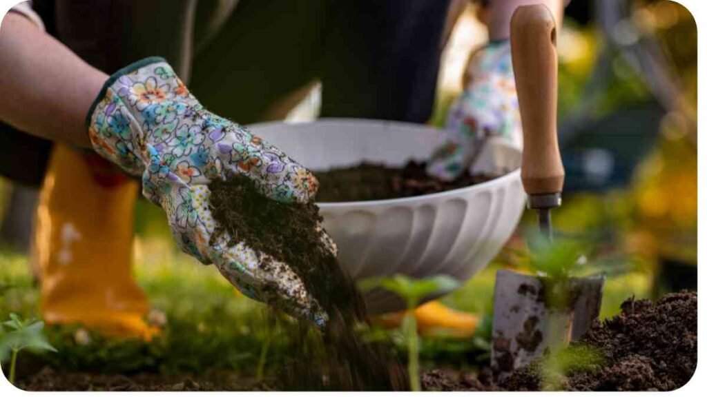 a person in gardening gloves is holding soil in a bowl