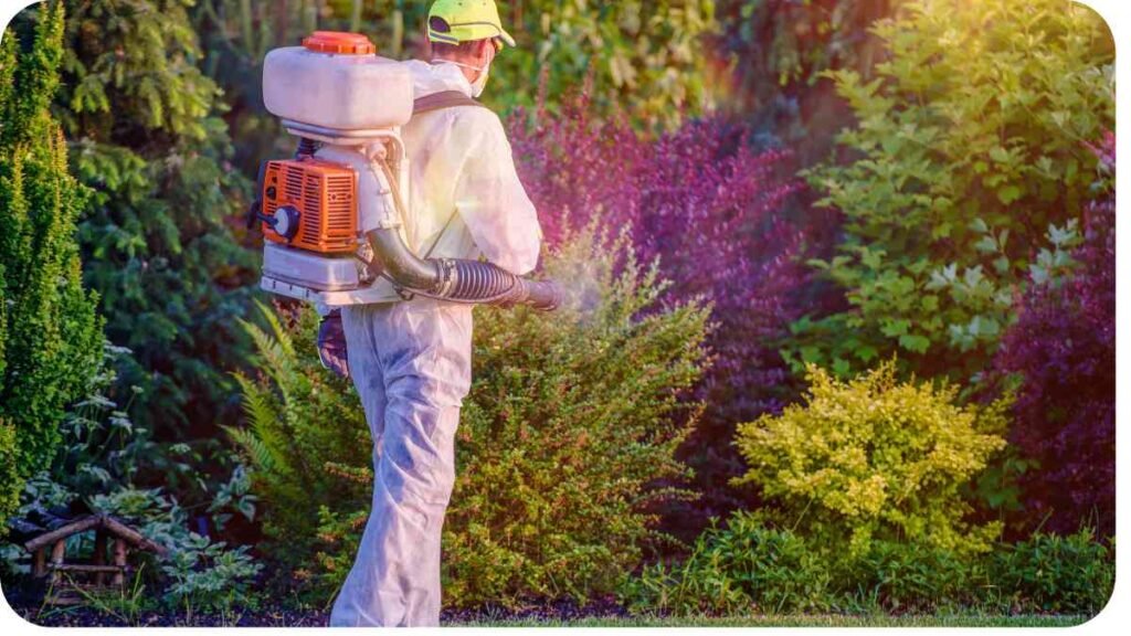 a person with a backpack and a sprayer in the garden