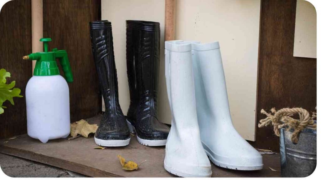 It seems like you're listing items. Is there something specific you'd like to know or discuss about two pairs of Wellington boots and a spray bottle?