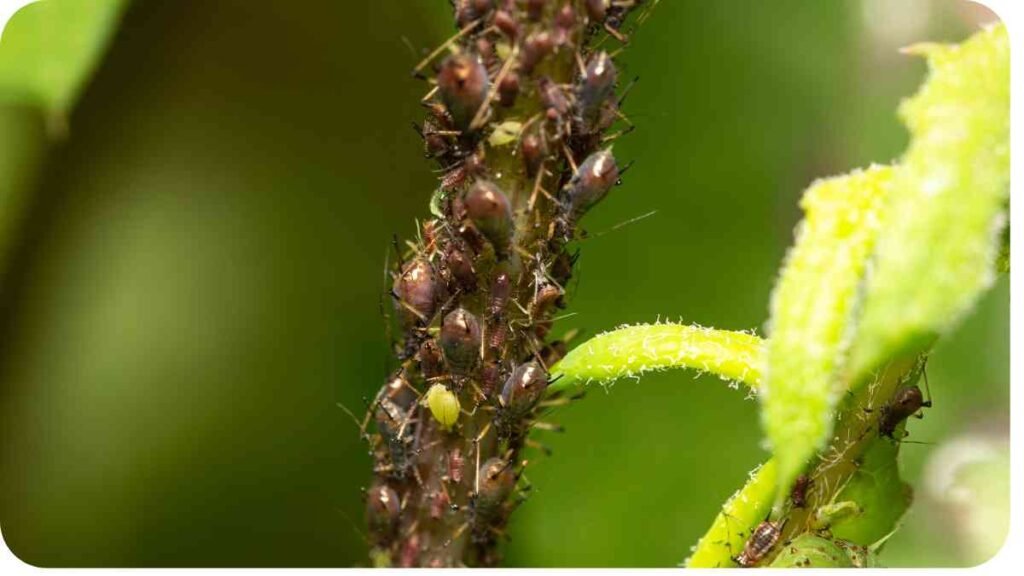 a group of ants on the stem of a plant